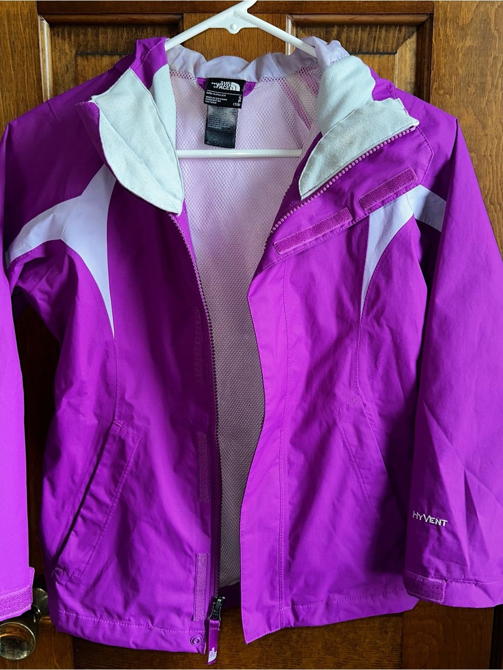 The North Face Girls' Bright Purple Hooded HyVent Rain Jacket with White Accents